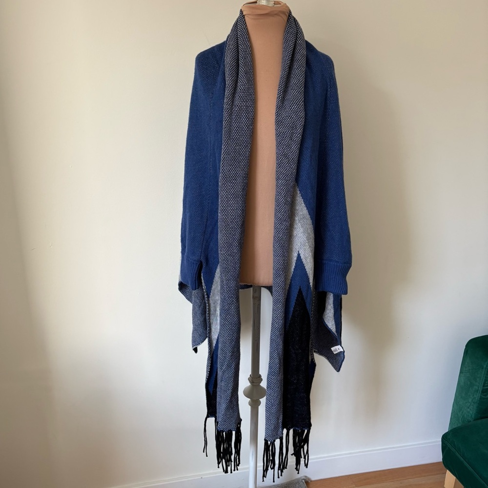 Vilagallo Wool Cotton Open Front Shawl Collar Blue Poncho Cardigan Sweater OS